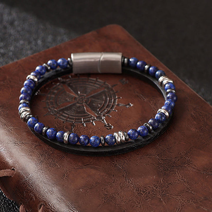 Buddha Stones Lapis Lazuli Tiger Eye Bead Balance Leather Bracelet - image 0
