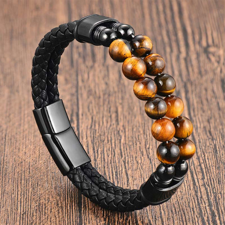 Buddha Stones Tiger Eye Double Wrap Braided Leather Protection Bracelet - Tiger Eye Leather(Wrist Circumference: 18-19cm) - image 0