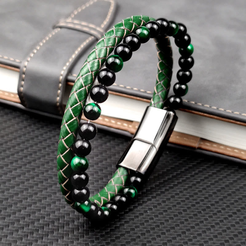 Buddha Stones Green Tiger Eye Double Wrap Braided Leather Strength Bracelet - Green Tiger Eye Leather(Wrist Circumference: 19cm) - image 0
