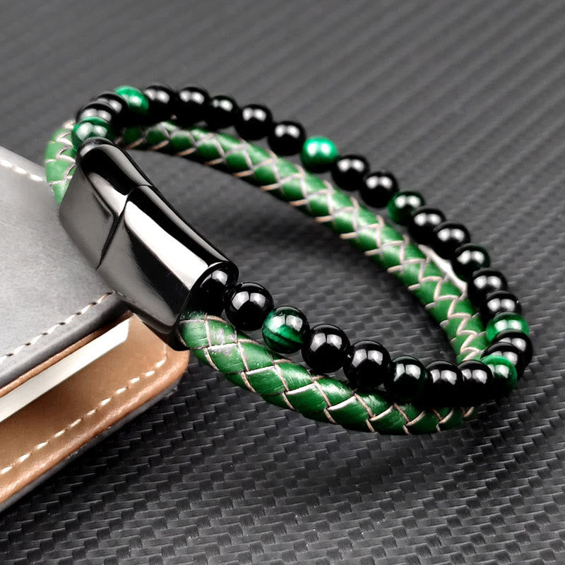 Buddha Stones Green Tiger Eye Double Wrap Braided Leather Strength Bracelet - image 1