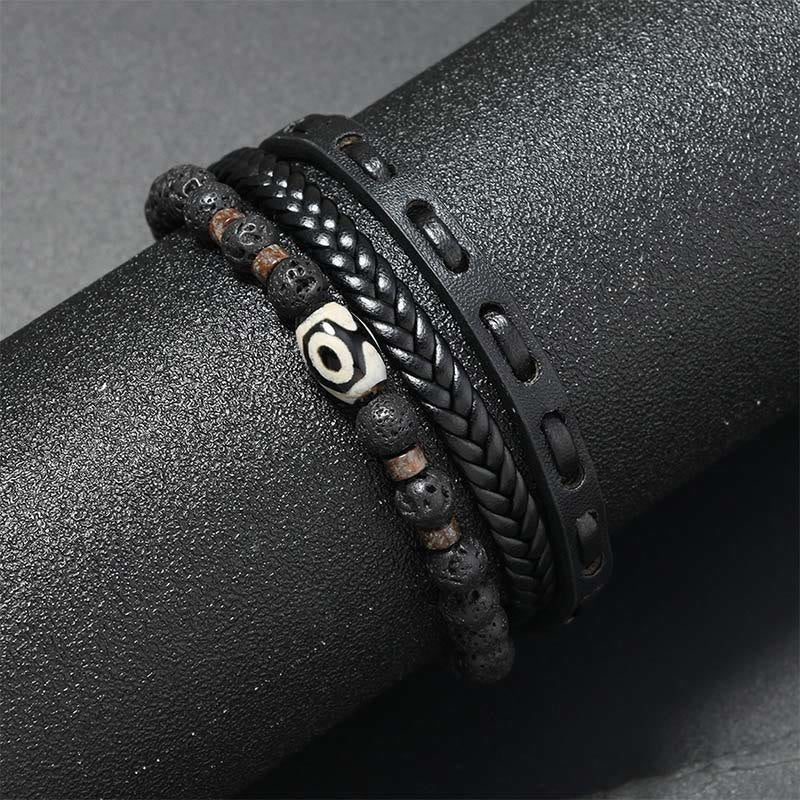 Buddha Stones Dzi Bead Lava Rock Multilayered Braided Leather Wealth Bracelet - image 1