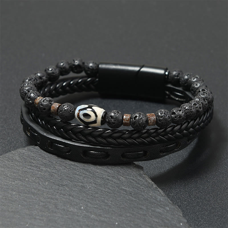Buddha Stones Dzi Bead Lava Rock Multilayered Braided Leather Wealth Bracelet - Black Leather(Wrist Circumference: 18-19cm) - image 0