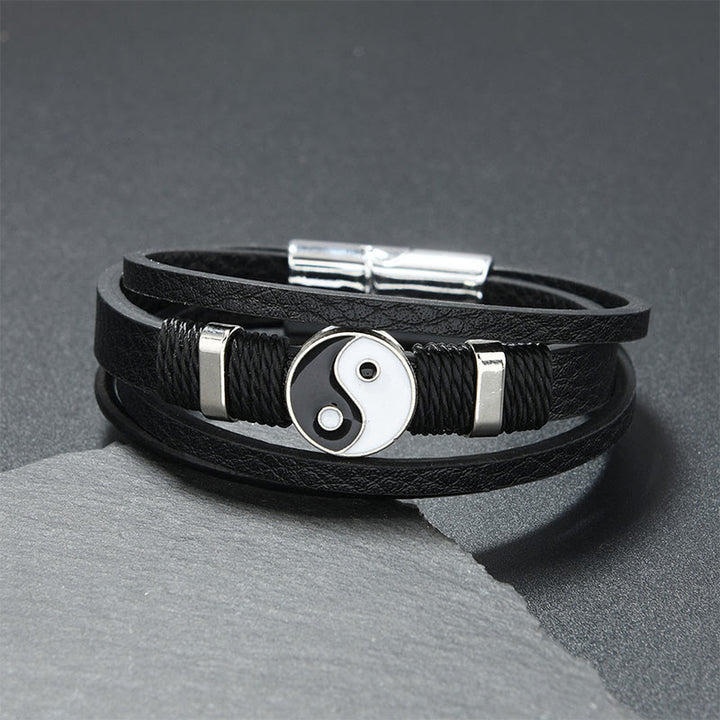 Buddha Stones Black White YIN YANG Multilayered Leather Balance Bracelet - Black Leather(Wrist Circumference: 18-19cm) - image 0