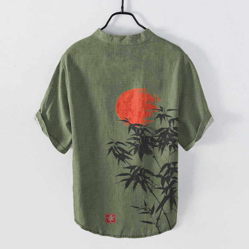 Buddha Stones Cotton Simple Red Sun Bamboo Pattern Men's Short Sleeve Half Button Shirt - image 1