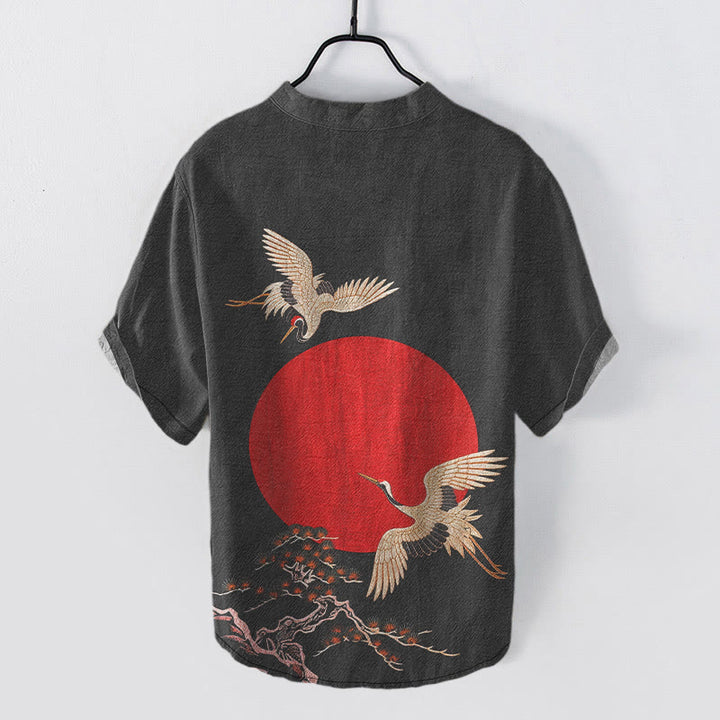 Buddha Stones Cotton Simple Crane Red Sun Pine Pattern Men's Short Sleeve Half Button Shirt - image 1