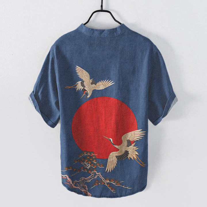 Buddha Stones Cotton Simple Crane Red Sun Pine Pattern Men's Short Sleeve Half Button Shirt - image 5