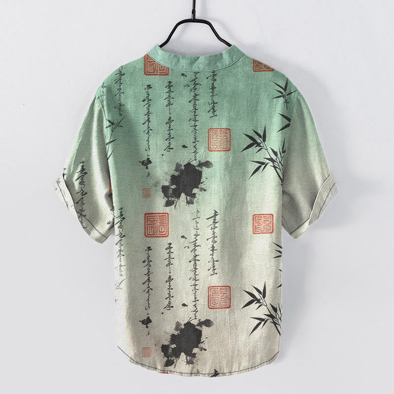 Buddha Stones Cotton Gradient Calligraphy Bamboo Ink Painting Pattern Men's Short Sleeve Half Button Shirt - image 1