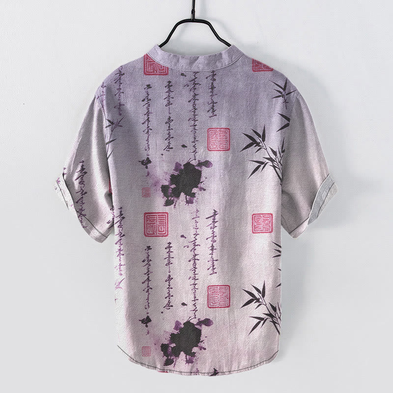 Buddha Stones Cotton Gradient Calligraphy Bamboo Ink Painting Pattern Men's Short Sleeve Half Button Shirt - image 7