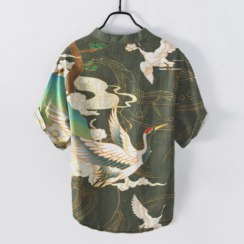 Buddha Stones Cotton Crane Auspicious Clouds Pine Pattern Men's Short Sleeve Half Button Shirt - image 7