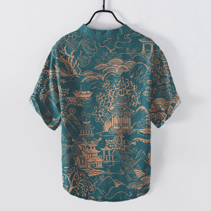 Buddha Stones Cotton Nature Towers Landscape Pattern Men's Short Sleeve Half Button Shirt - image 1