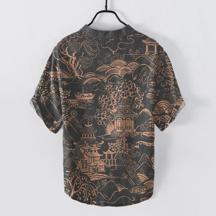 Buddha Stones Cotton Nature Towers Landscape Pattern Men's Short Sleeve Half Button Shirt - image 7