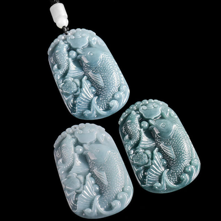 Buddha Stones Natural Jade Carving Double Koi Fish Rope Prosperity Necklace Pendant - image 9