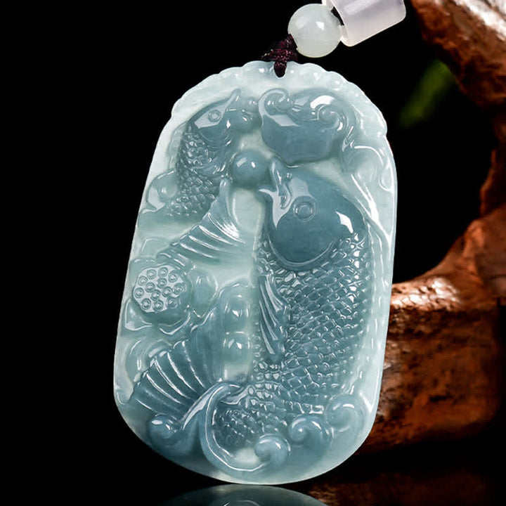 Buddha Stones Natural Jade Carving Double Koi Fish Rope Prosperity Necklace Pendant - image 2