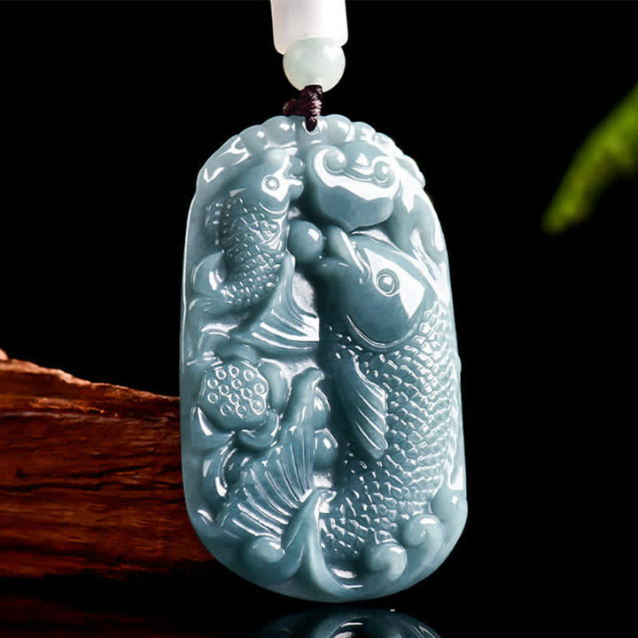 Buddha Stones Natural Jade Carving Double Koi Fish Rope Prosperity Necklace Pendant - Koi Fish - Natural Jade(Color May Vary)  - image 0