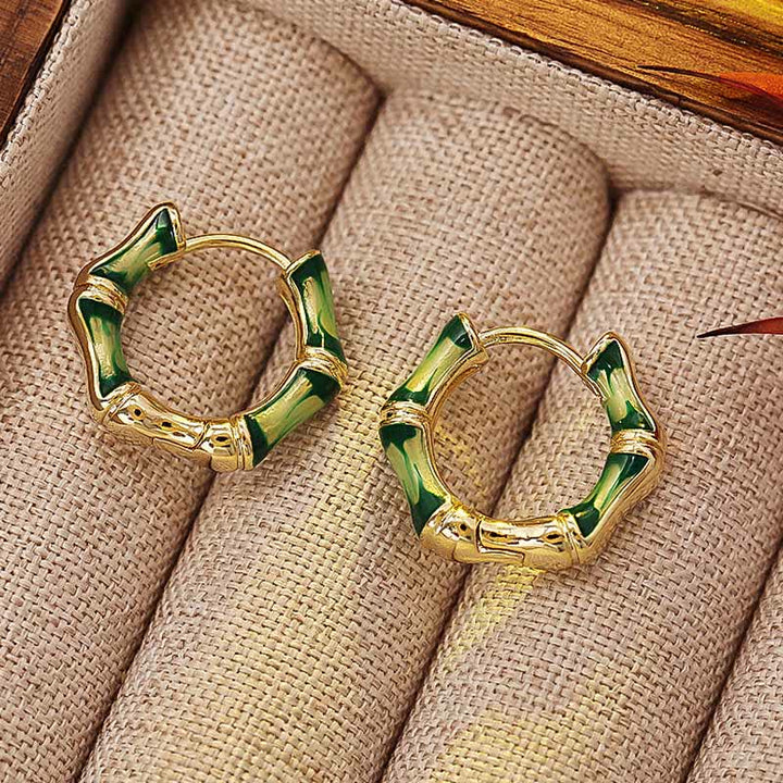 Buddha Stones Round Bamboo Dripping Design Copper Fortune Hoop Earrings - image 7