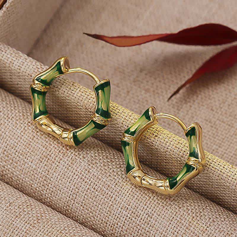 Buddha Stones Round Bamboo Dripping Design Copper Fortune Hoop Earrings - image 5