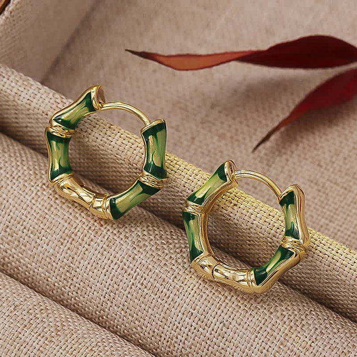 Buddha Stones Round Bamboo Dripping Design Copper Fortune Hoop Earrings - image 5