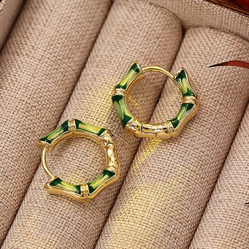 Buddha Stones Round Bamboo Dripping Design Copper Fortune Hoop Earrings - image 6