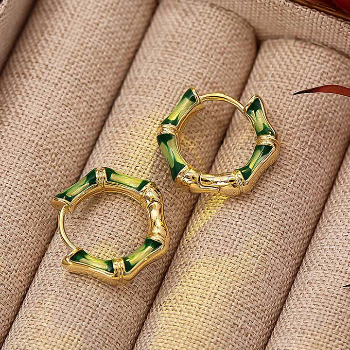 Buddha Stones Round Bamboo Dripping Design Copper Fortune Hoop Earrings - image 6