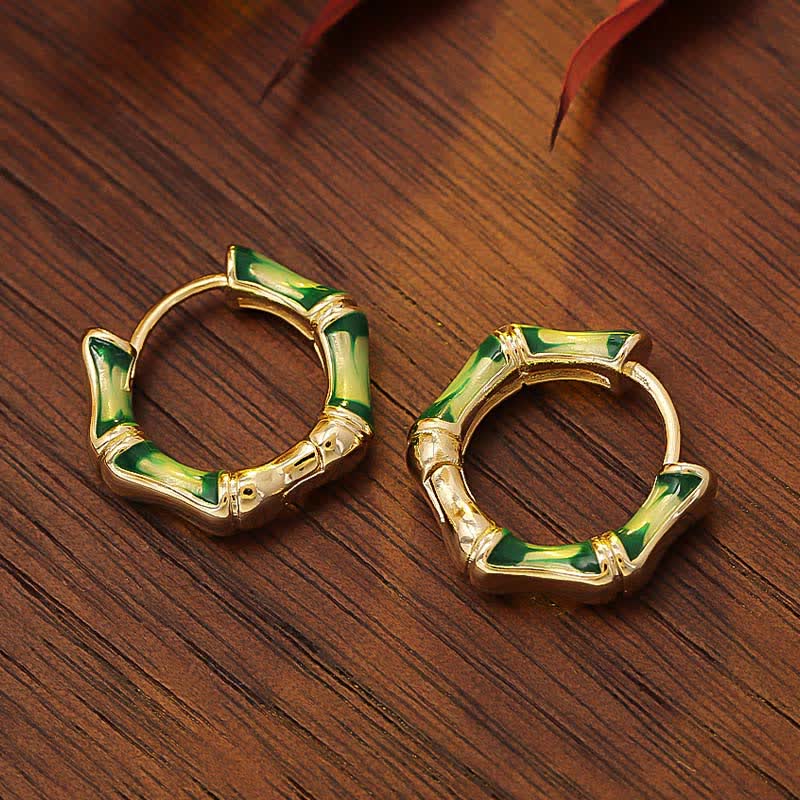 Buddha Stones Round Bamboo Dripping Design Copper Fortune Hoop Earrings - image 2