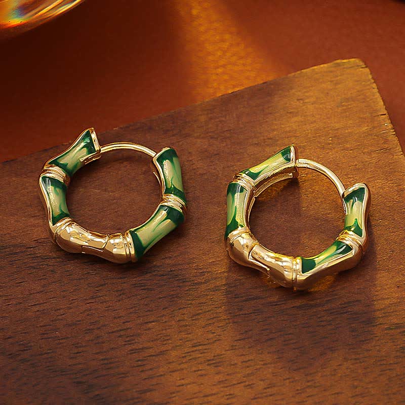 Buddha Stones Round Bamboo Dripping Design Copper Fortune Hoop Earrings - image 1