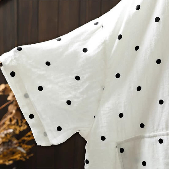 Buddha Stones Women's Commute Short Sleeve Polka Dot Lapel Cotton Shirt With Pockets - image 6