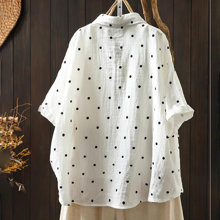 Buddha Stones Women's Commute Short Sleeve Polka Dot Lapel Cotton Shirt With Pockets - image 3