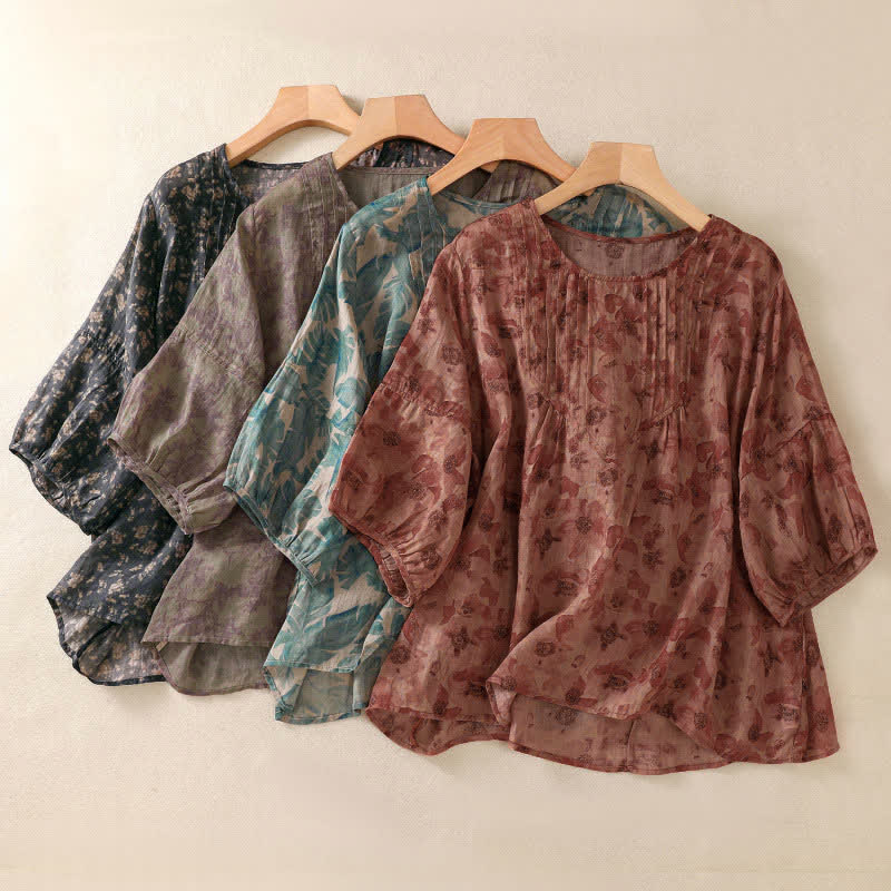 Buddha Stones Commute Floral Crew Neck Pleated Design Puff Short Sleeve Women's T-Shirt - image 23