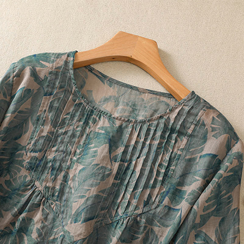 Buddha Stones Commute Floral Crew Neck Pleated Design Puff Short Sleeve Women's T-Shirt - image 4