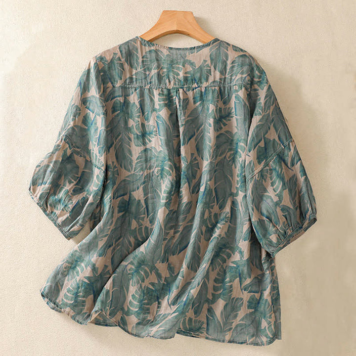 Buddha Stones Commute Floral Crew Neck Pleated Design Puff Short Sleeve Women's T-Shirt - image 1