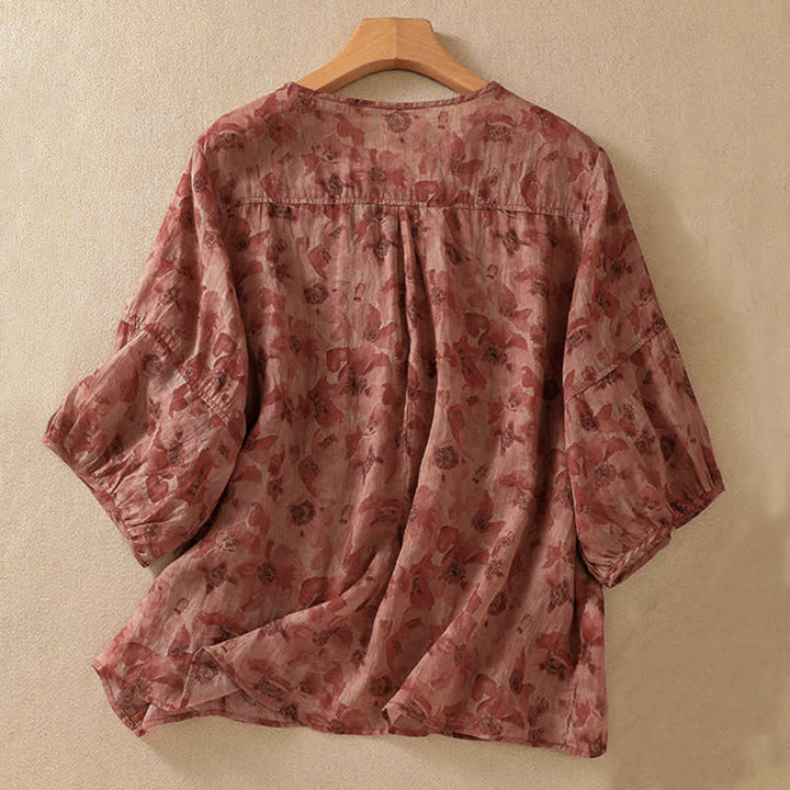 Buddha Stones Commute Floral Crew Neck Pleated Design Puff Short Sleeve Women's T-Shirt - image 13