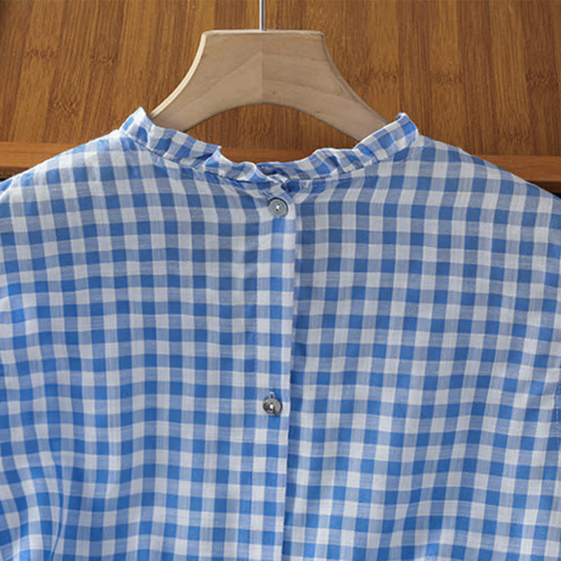 Buddha Stones Summer Plaid Ruffled Crew Neck Back Button Design Women's Sleeveless T-Shirt - image 5