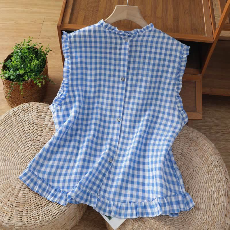 Buddha Stones Summer Plaid Ruffled Crew Neck Back Button Design Women's Sleeveless T-Shirt - image 3