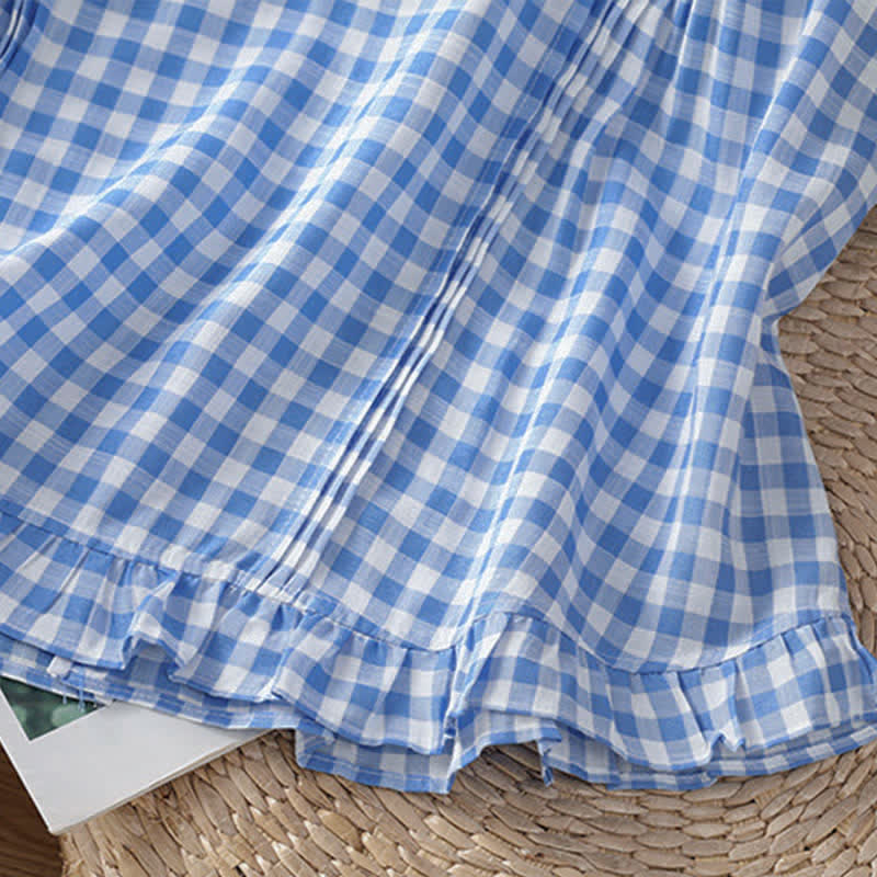 Buddha Stones Summer Plaid Ruffled Crew Neck Back Button Design Women's Sleeveless T-Shirt - image 10