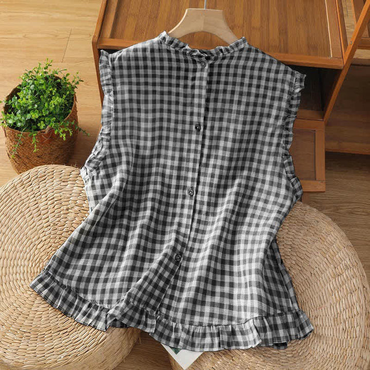 Buddha Stones Summer Plaid Ruffled Crew Neck Back Button Design Women's Sleeveless T-Shirt - image 1