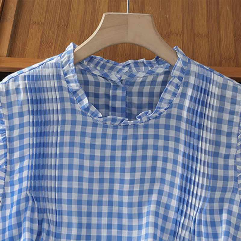 Buddha Stones Summer Plaid Ruffled Crew Neck Back Button Design Women's Sleeveless T-Shirt - image 4