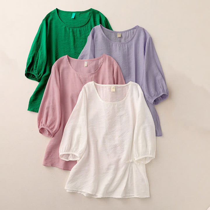 Buddha Stones Solid Color Frog-Button Design Puff Short Sleeve Women's T-Shirt - image 18