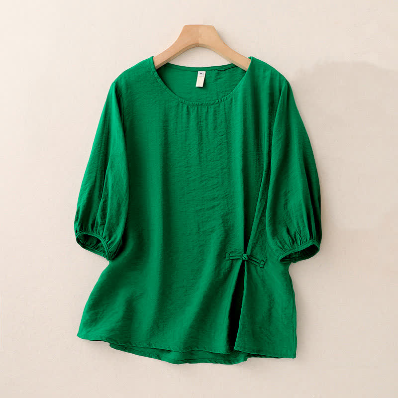 Buddha Stones Solid Color Frog-Button Design Puff Short Sleeve Women's T-Shirt - Green - US8-10，UK/AU12-14，EU40-42 (2XL) - image 0