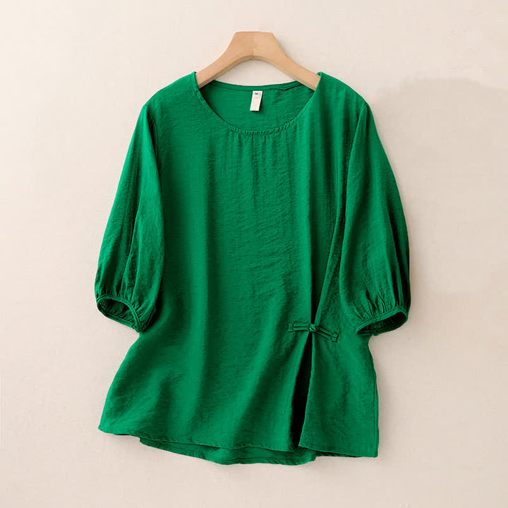 Buddha Stones Solid Color Frog-Button Design Puff Short Sleeve Women's T-Shirt - Green - US8-10，UK/AU12-14，EU40-42 (2XL) - image 0