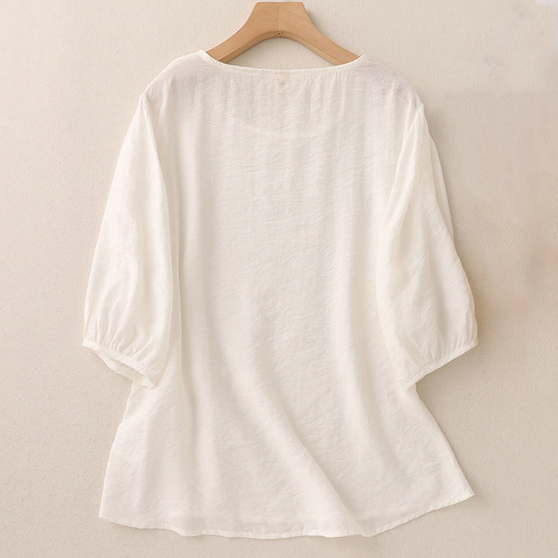 Buddha Stones Solid Color Frog-Button Design Puff Short Sleeve Women's T-Shirt - image 7