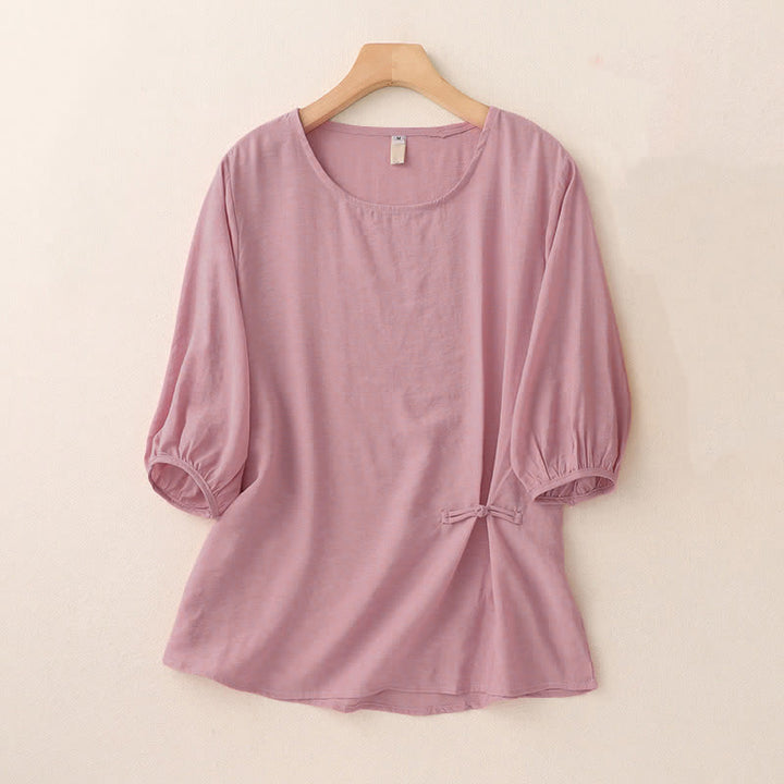 Buddha Stones Solid Color Frog-Button Design Puff Short Sleeve Women's T-Shirt - LightCoral - US8-10，UK/AU12-14，EU40-42 (2XL) - image 1