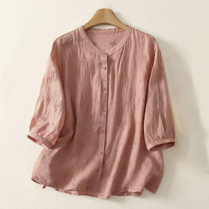 Buddha Stones Retro Embroidered Floral Short Sleeve Women's Buttons Shirt - DarkSalmon - US8-10，UK/AU12-14，EU40-42 (2XL) - image 4