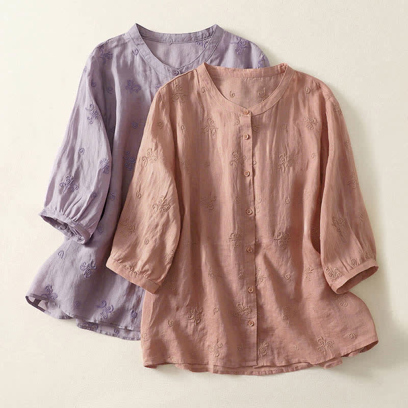 Buddha Stones Retro Embroidered Floral Short Sleeve Women's Buttons Shirt - image 13