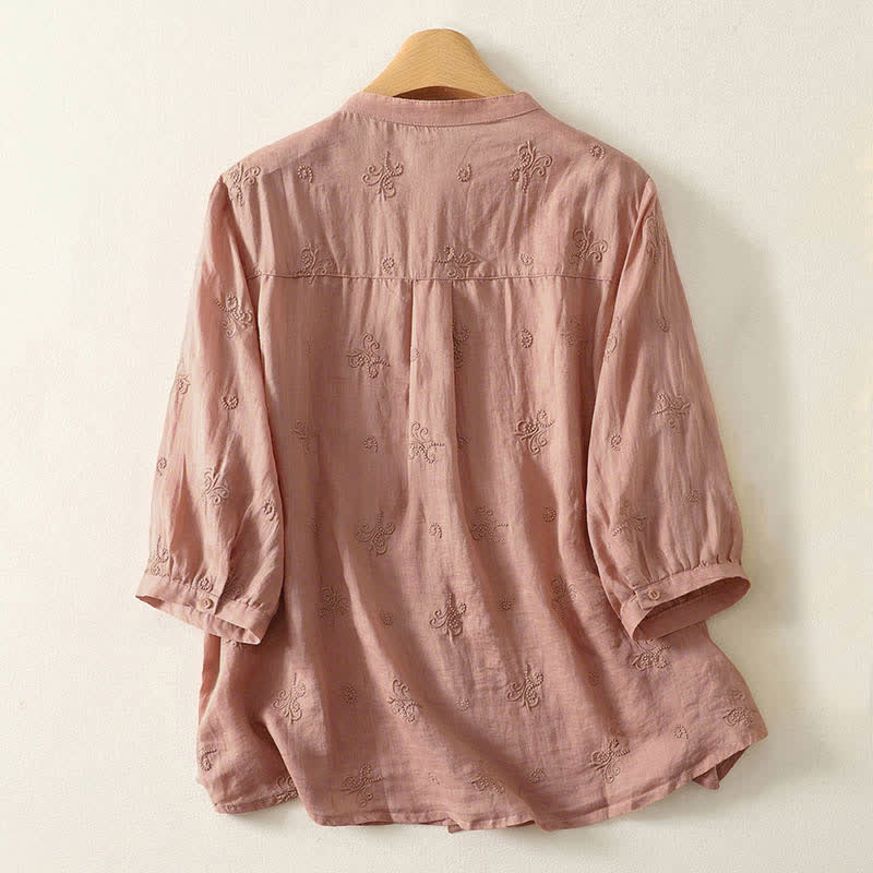 Buddha Stones Retro Embroidered Floral Short Sleeve Women's Buttons Shirt - image 5