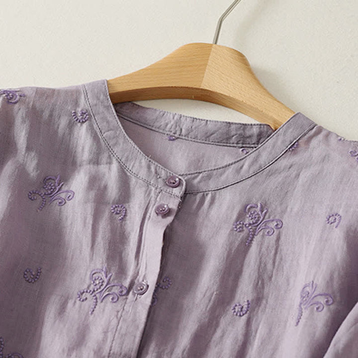 Buddha Stones Retro Embroidered Floral Short Sleeve Women's Buttons Shirt - image 1