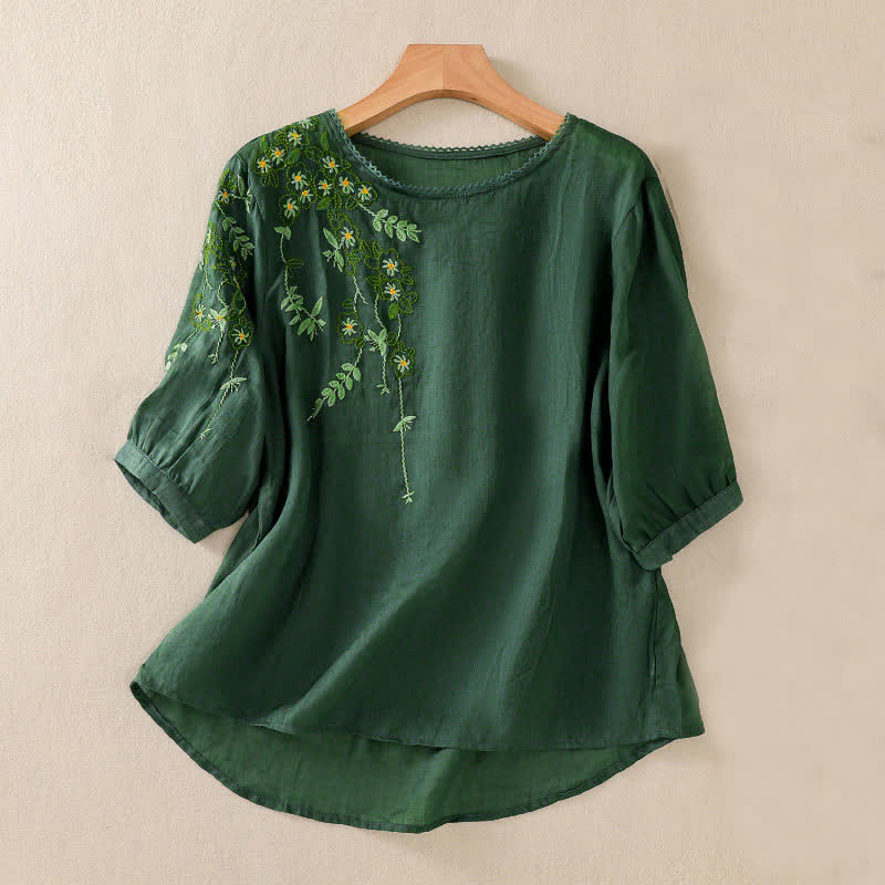 Buddha Stones Retro Embroidery Floral Pattern Short Sleeve Crew Neck Women's Shirt - DarkGreen - US8-10，UK/AU12-14，EU40-42 (2XL) - image 0