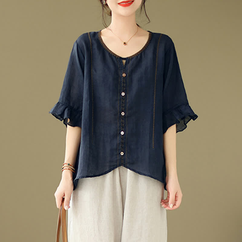 Buddha Stones Embroidery Buttons Crew Neck Flared Short Sleeve Women's Shirt - image 14