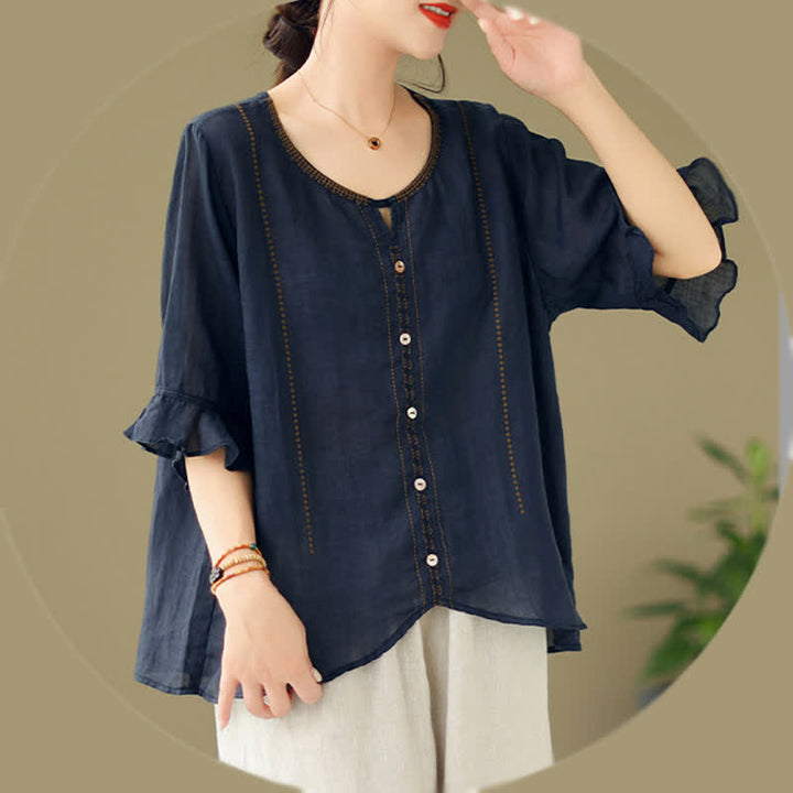 Buddha Stones Embroidery Buttons Crew Neck Flared Short Sleeve Women's Shirt - image 15