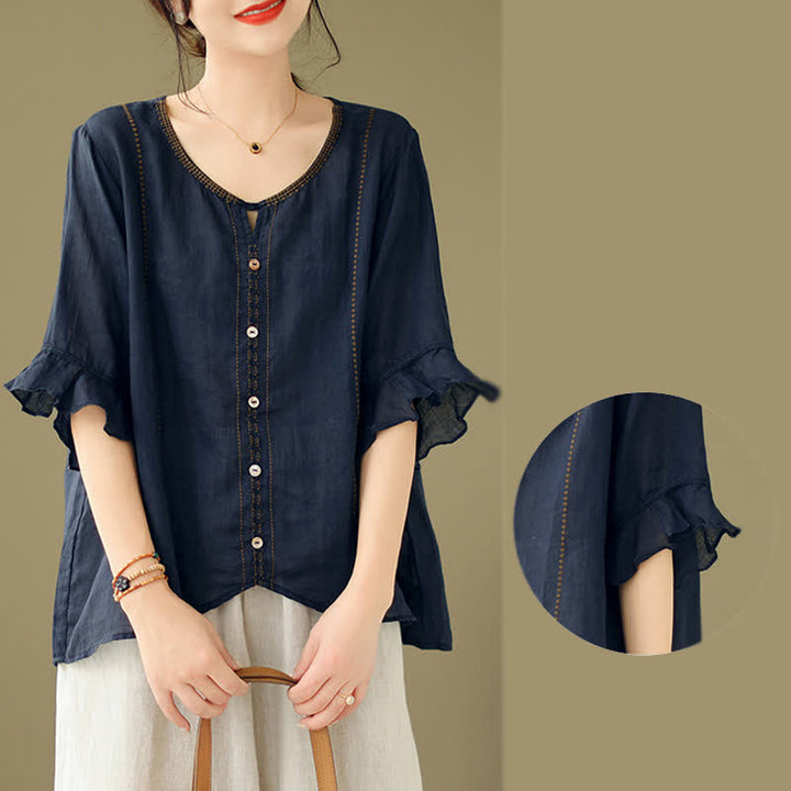 Buddha Stones Embroidery Buttons Crew Neck Flared Short Sleeve Women's Shirt - image 18