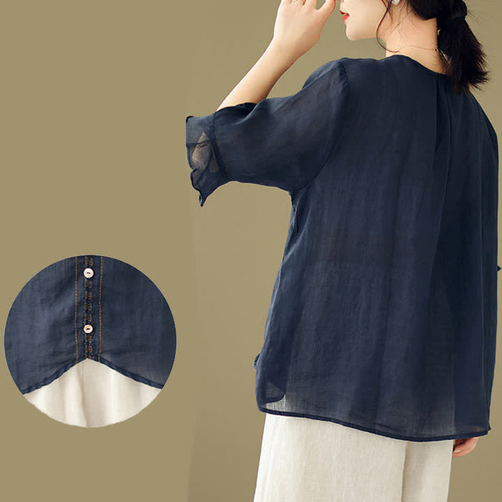 Buddha Stones Embroidery Buttons Crew Neck Flared Short Sleeve Women's Shirt - image 17